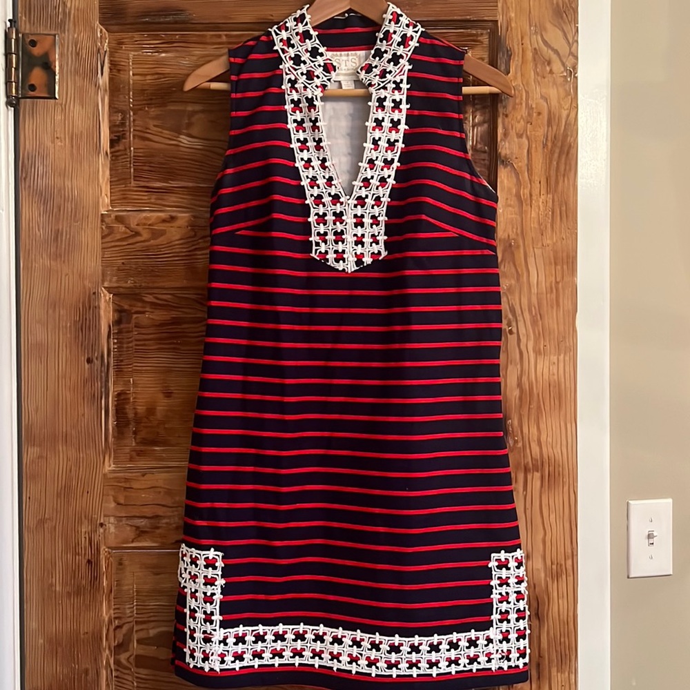 STS Sail to Sable Blue & Red Sleeveless Dress with collar and hem detail. Size S